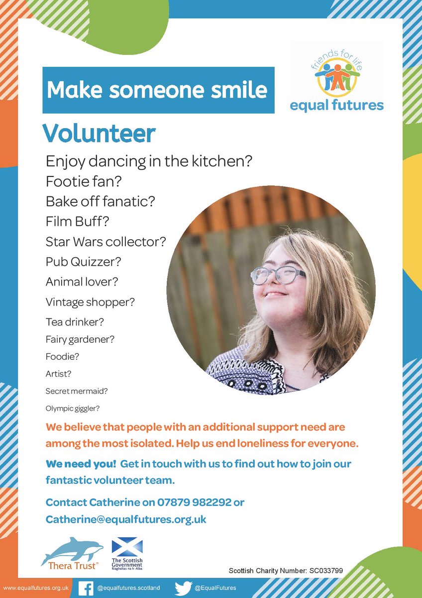 Do you think you could spare some time to help those with a learning disability or autism? Equal Futures are looking for volunteers to help them deliver their support services across Edinburgh. Find out more on the attached poster.