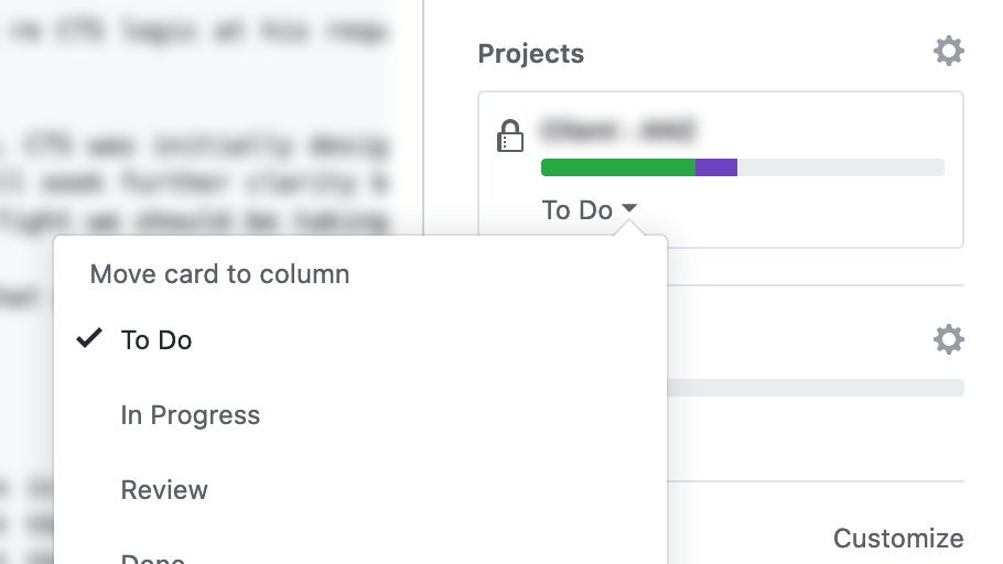 A screenshot showing Projects section in GitHub issue sidebar with a new menu open: "Move card to column".