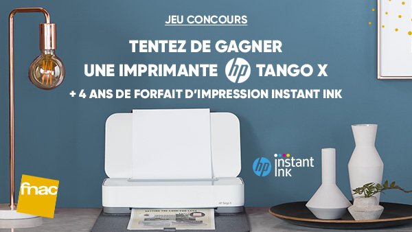 Fnac's tweet photo. JEU CONCOURS 🎁 | Tentez de gagner l’imprimante connectée et design #TangoX 💃 de @HP_France et 4 ans de forfait d’impression Instant Ink offert (forfait 50 pages / mois) 🖨 .
Pour participer >> RT + Follow @Fnac ➡ https://t.co/aULSsMeY26 https://t.co/vDHdU3TUp0