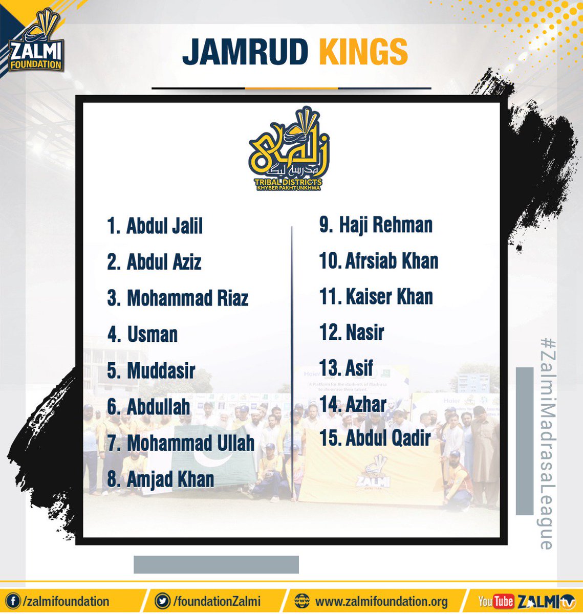 PeshawarZalmi's tweet photo. The Squads of the #ZML3 Teams. 🏆 Which team will emerge victorious? We shall find out soon enough. 

#ZalmiMadrasaLeague https://t.co/JU9BuN0htB