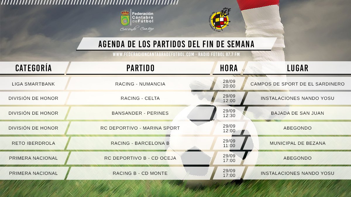 RFCF_es's tweet photo. 📒 AGENDA 📒
👉 Os dejamos todos los horarios de nuestros equipos Cántabros en competición #NACIONAL ¡✍!
#LigaSmartBank #RetoIberdrola #DHJ #PrimeraNacional #FutbolCampo https://t.co/2TPnq6MAD8