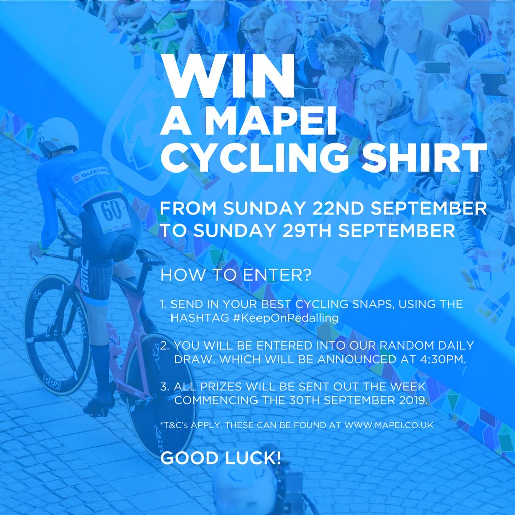 MapeiUKLtd's tweet photo. 1/2 To celebrate #Mapei being main sponsors of the #UCI Road World Championships you could win a Mapei #cycling shirt.
Simply RT this, tweet your cycling picture, tag us & use #KeepOnPedalling. You could be in #Harrogate, watching on TV, in a sportive or a ride in the park. https://t.co/dXk33xM5Jk