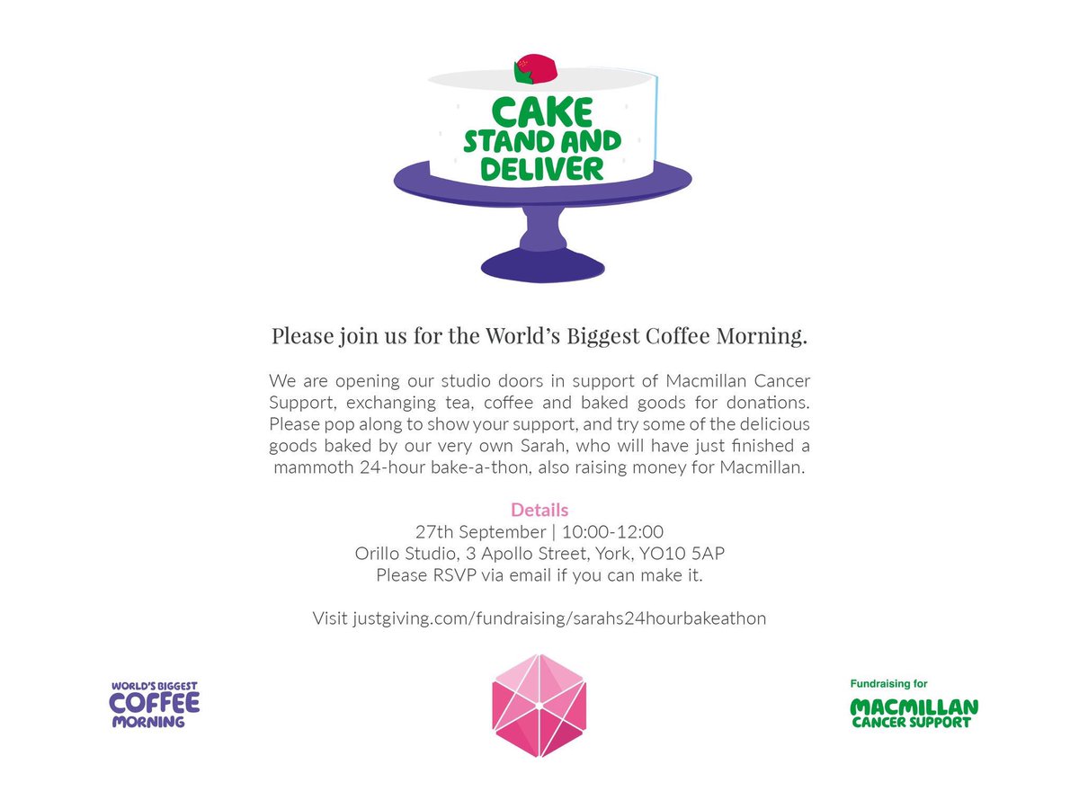 Don’t forget about our <a href="/macmillancancer/">Macmillan Cancer Support</a> cake and coffee morning today at 10-12 at our office! Our very own Sarah has been baking for 24 hours straight so expect lots of delicious cakes on offer 🧁 🍰 🎂