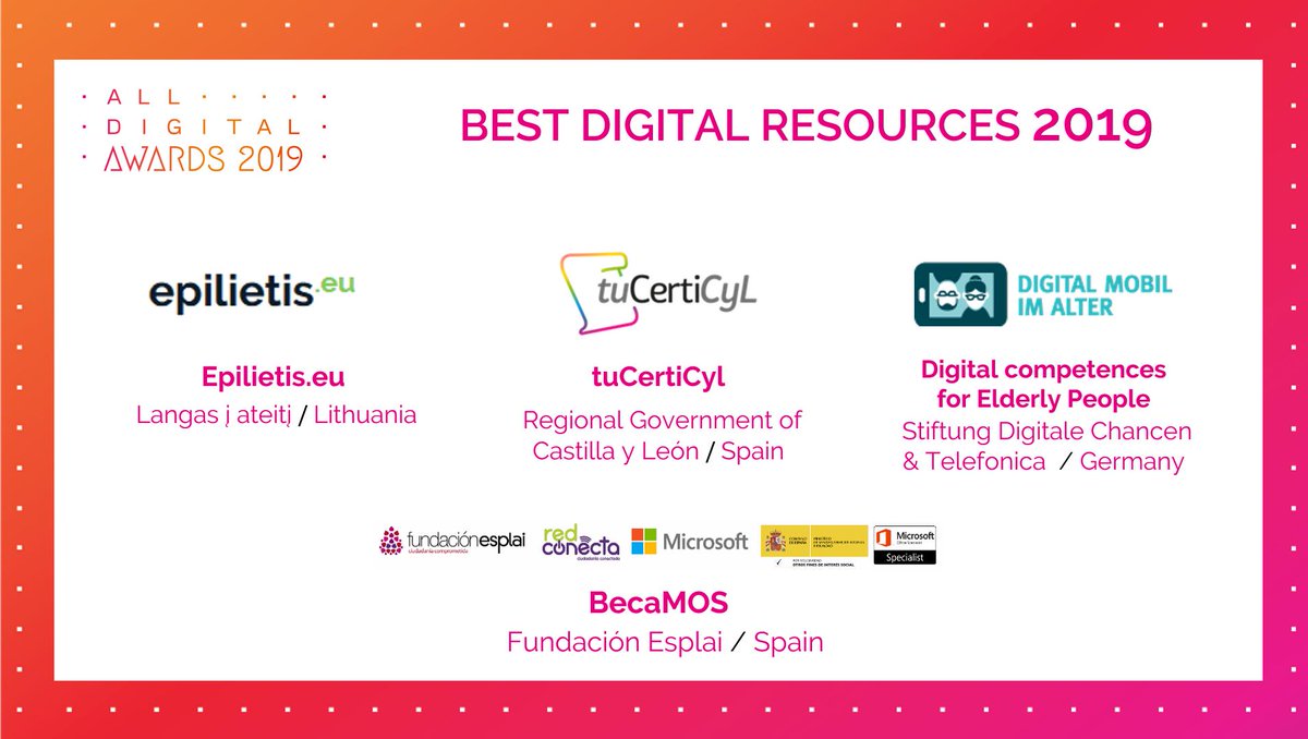 🙌DIGITAL RESOURCES 🏆ALL DIGITAL Awards 2019 FINALISTS
🤩 TuCertiCyL - Castilla y Leon Govnt 
🤩 #DigitalCompetences for Elderly People - Stiftung Digitale Chancen, Telefónica Germany 
🤩 BecaMOS -<a href="/fundacionesplai/">Fundación Esplai</a> 
🤩 Epilietis lessons - Langas i Ateiti
bit.ly/2lBfvmY