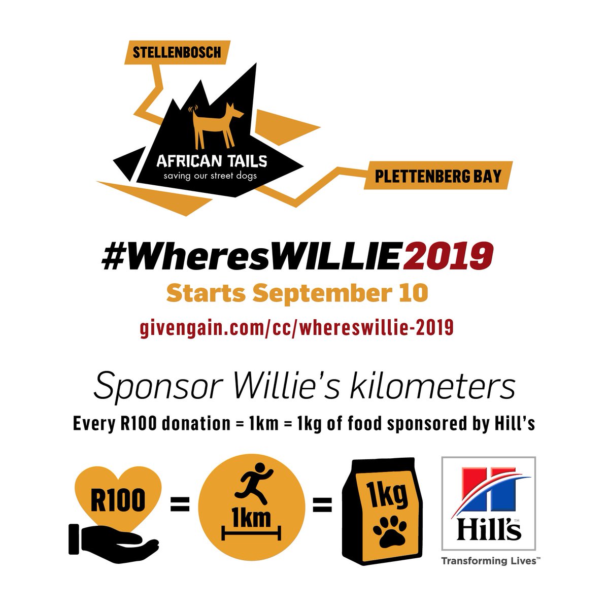 #WheresWillie2019
Donate today!
givengain.com/cc/whereswilli…
R100 will sponsor 1km. <a href="/HillsPetSA/">Hill's Pet Nutrition</a> will donate 1kg food on your behalf PLUS you will enter our last #HillsandAfricanTails lucky draw.  There are also two <a href="/singletrack_sa/">single-track</a> prizes up for grabs.