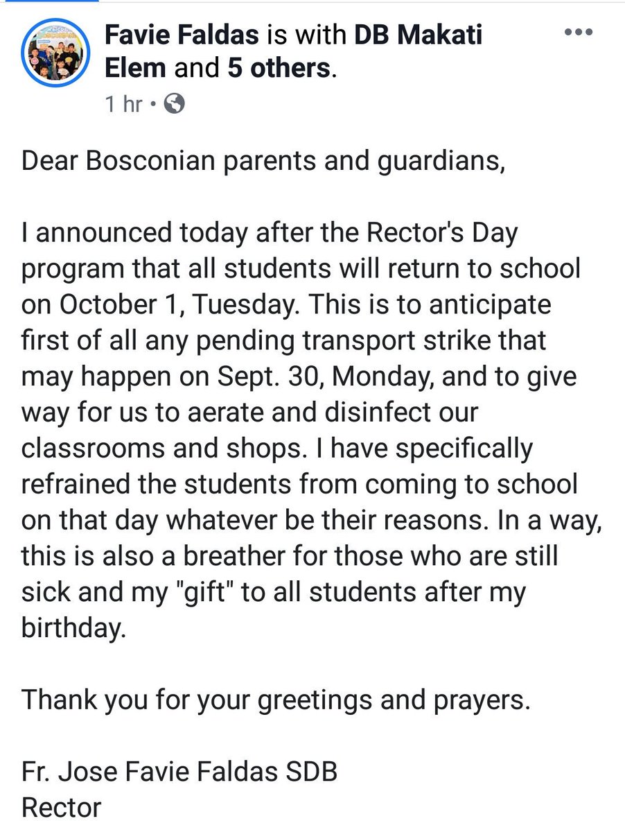 CODERED_PH's tweet photo. RT manilabulletin: #WalangPasok 30 Sep 2019: Don Bosco Makati due to transport strike and campus disinfection activities according to their rector Fr. Favie Faldas, SDB | via bobreyes https://t.co/iDRLjS4fMM https://t.co/lbnBd3hqq7