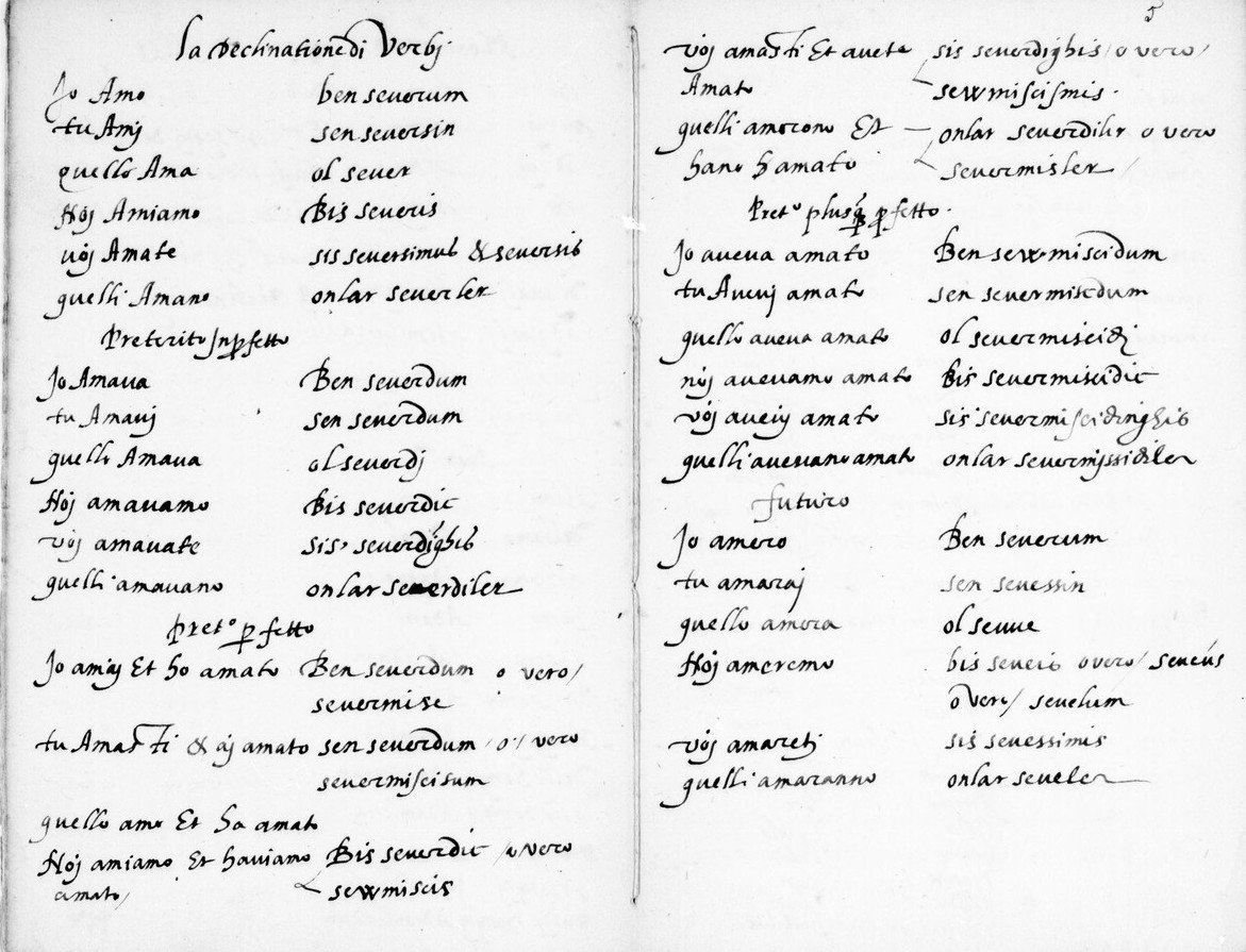 bir malta şövalyesinin 16. yy ortasında (kuvvetle muhtemel 1552'de) kaleme aldığı sözlükte fiil çekim örneği.