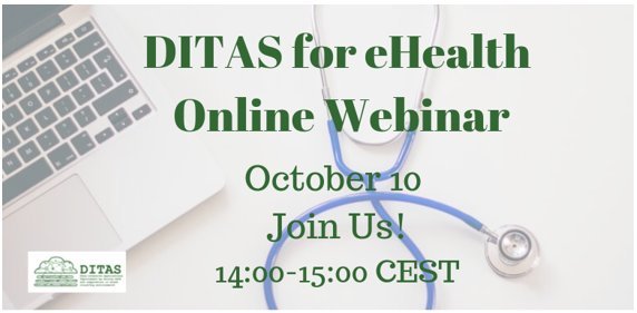DITASproject's tweet photo. On Oct 10 14:00 CEST, DITAS will go for the second webinar of the series. This one will be focused on the application of #DITASproject on the eHealth field. Register now! https://t.co/Ejk50sxyNl #eHealth https://t.co/Z0kj9iRCmD
