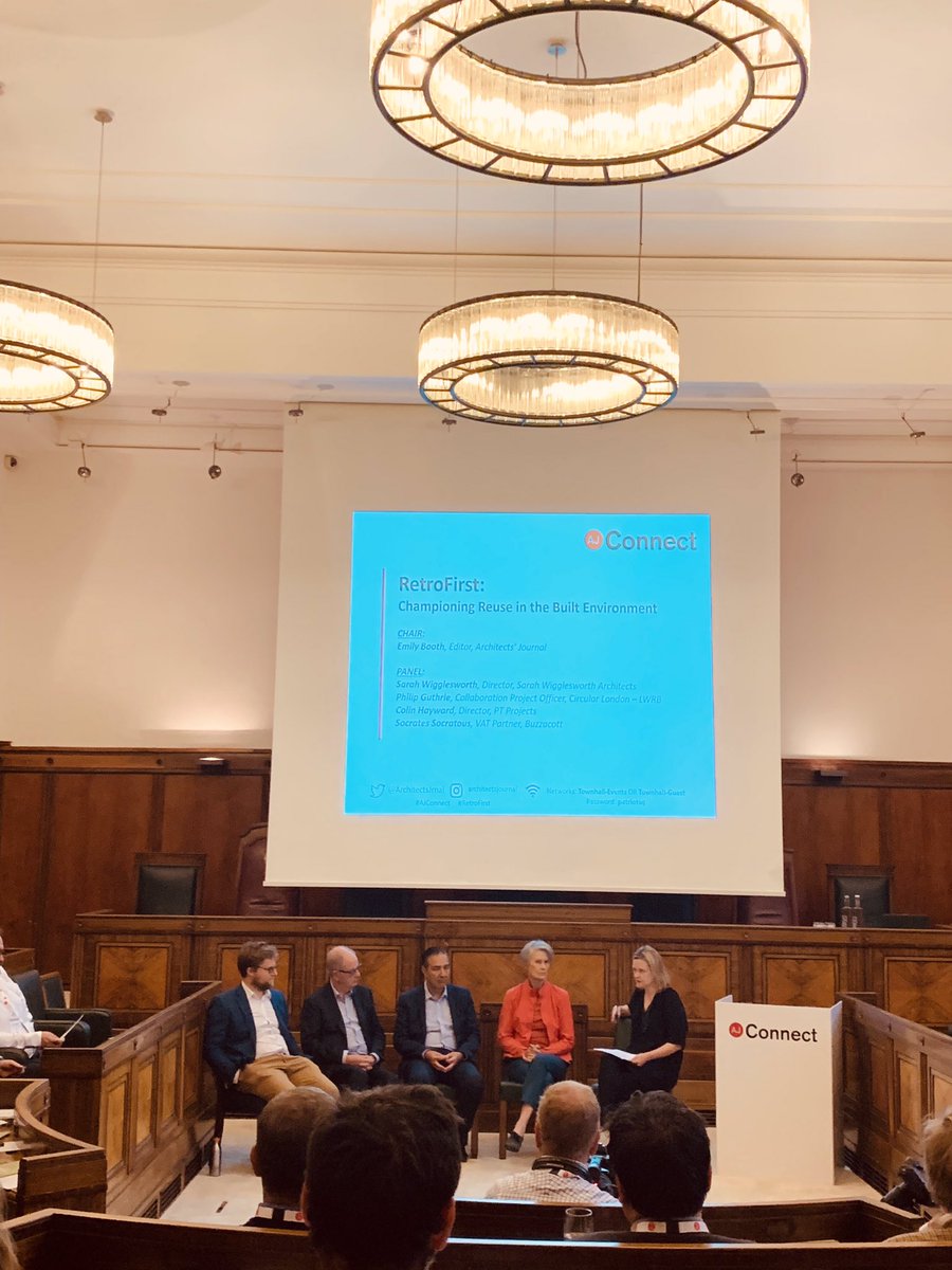 ArchitectsJrnal's tweet photo. Kicking off at #AJConnect we have @emjbooth, @sw_architects, @PTProjectsQS, @P_Guthrie from @CircularLondon and @socvat from @Buzzacott discussing #RetroFirst and key factors that need to be in place to deliver sustainable futures for UK cities 🔧 https://t.co/z36BDNdH08