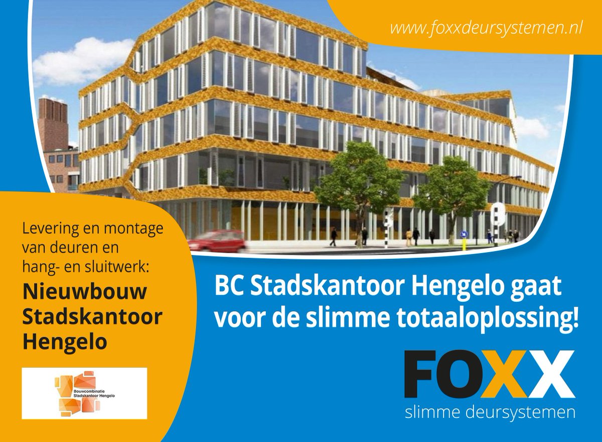Voor het project: Nieuwbouw Stadskantoor Hengelo in Hengelo ging Bouwcombinatie Stadskantoor Hengelo (samenwerking tussen <a href="/Trebbe1911/">Trebbe</a> en <a href="/VanWijnenGroep/">Van Wijnen</a> ) voor de slimste oplossing: de levering en montage van deuren en hang- en sluitwerk via Foxx! #slim #deuren #hangensluitwerk