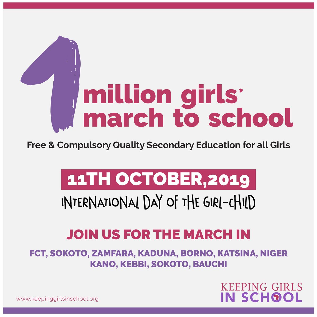 KGISAfrica's tweet photo. This march is for all of us, it is for humanity.

Join the 1 Million Girls' March to School in your city or organize one in support of All Girls in Africa getting Free and Compulsory Quality Secondary Education. 🙋🏿‍♀️🙋��‍♀️🙋🏼‍♀️🙋🏻‍♀️🙋‍♀️🙋🏾‍♀️

Visit https://t.co/F9m5cNXHsM for more info. https://t.co/bYLMuMtxAU