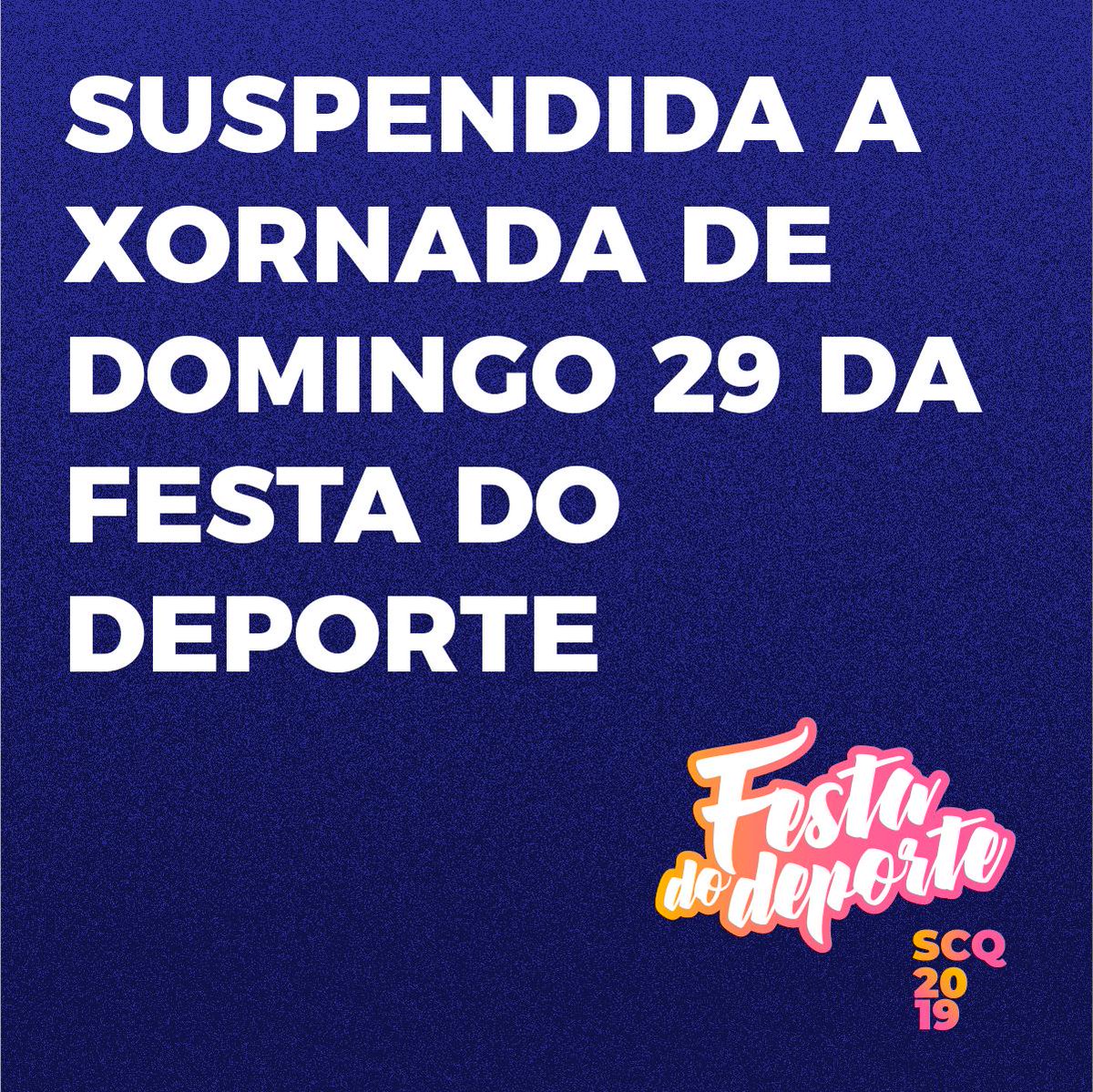 festadodeporte's tweet photo. 📣📣📣📣IMPORTANTE📣📣📣📣

🌧 Por causa da climatoloxía adversa prevista para a fin de semana, SUSPÉNDENSE as actividades do domingo da #FestadoDeporte.

Lamentamos as molestias! https://t.co/ULm3FbiYhj