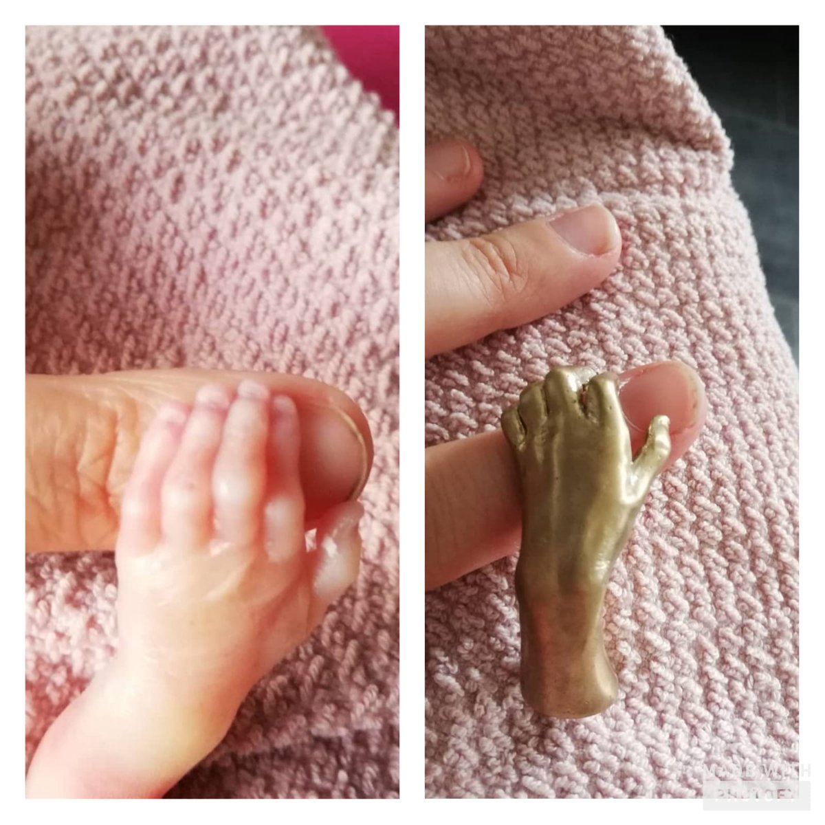 Stiltebeeld's tweet photo. (Met diep respect en dankbaarheid naar de ouders voor de foto's): Lieve handje van de kleine R. op vinger, met daarnaast, op dezelfde manier, het uiteindelijke bronzen handafdrukje op ware grootte. #stillmemory #troostherinnering #prematuurgeboren ♥️ https://t.co/CMxUEqXof3