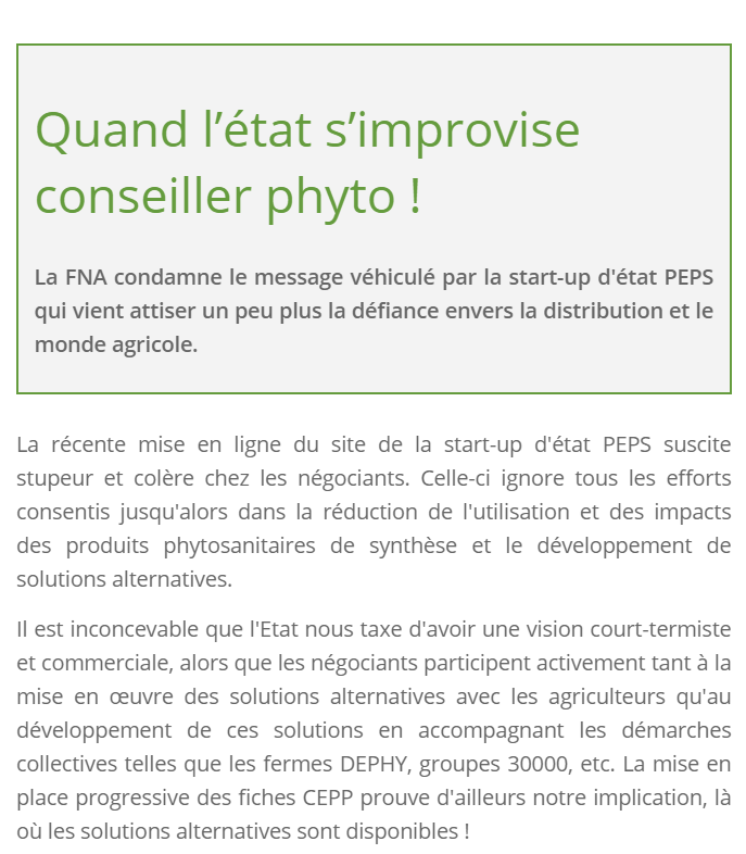 Quand l’état s’improvise conseiller phyto !
La FNA condamne le message véhiculé par la start-up d'état PEPS qui vient attiser un peu plus la défiance envers la distribution et le monde agricole. #negoceagricole #agriculture #phytos 👉👉 : bit.ly/2ncBO2x