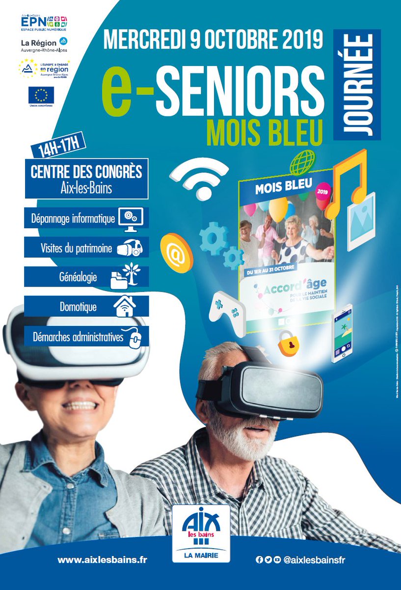 La Journée e-séniors, c'est demain mercredi 9 octobre 2019 de 14h à 17h au Centre des congrès !
Découvrez les nombreux ateliers gratuits proposés par la Ville.
aixlesbains.fr/Cadre-de-vie/A…