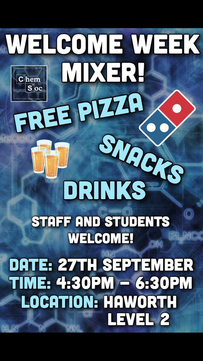 So excited for ChemSoc’s welcome week mixer this afternoon! Hope everyone who’s around can come along and meet the new students (and enjoy free pizza)! We’re also selling hoodies/half-zips, event tickets, sport memberships, and raising money for charity!