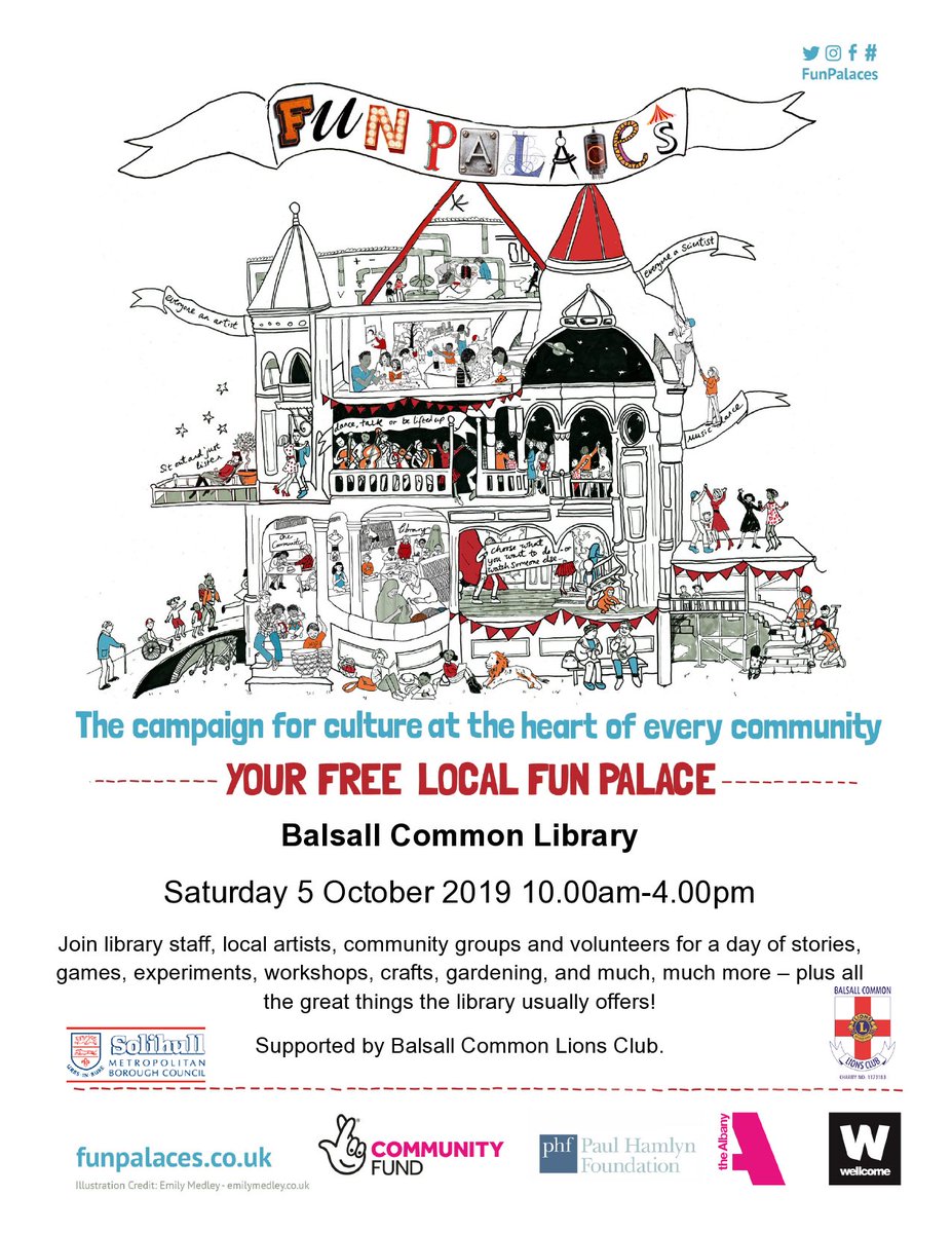 Balsall Common Fun Palace Sat 5 Oct 10.00am – 4.00pm.  Join library staff, local artists, community groups &amp; volunteers for a day of stories, games, experiments, workshops, crafts, gardening + much more! Free event supported by <a href="/BalsallcomLions/">Balsall Common Lions</a>