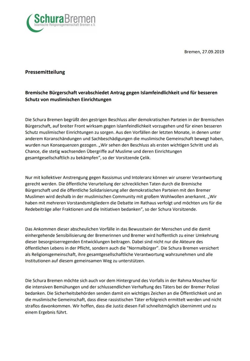 Pressemitteilung

Bremische Bürgerschaft verabschiedet Antrag gegen Islamfeindlichkeit und für besseren Schutz von muslimischen Einrichtungen