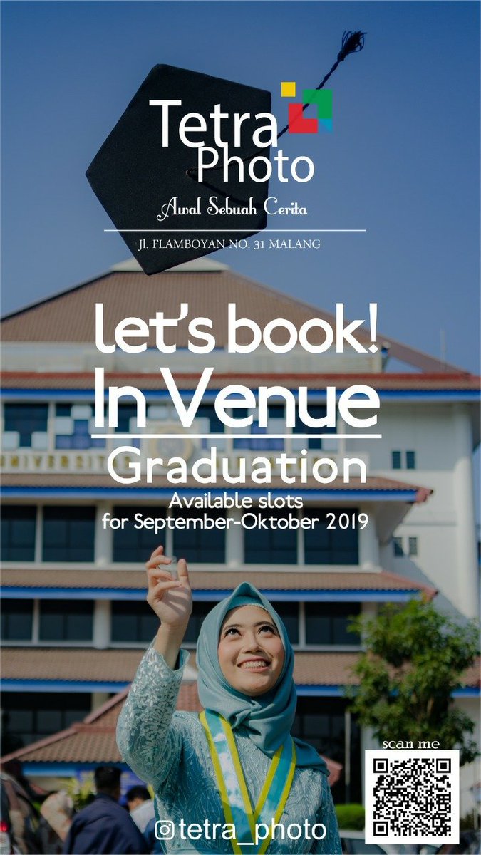 TetraPhoto's tweet photo. [Graduation Promo]
Let's book your outdoor graduation photo only with IDR 450K/2 booking* and get your memorable moment captured beautifully.
More info:
📱Adit : 081230963633
📱Silvi : Line @tetra_photo
Tetra Photo
-Awal Sebuah Cerita-

@infobatu 
@infomalang 
#graduation #wisuda https://t.co/mhUNX6gn1k