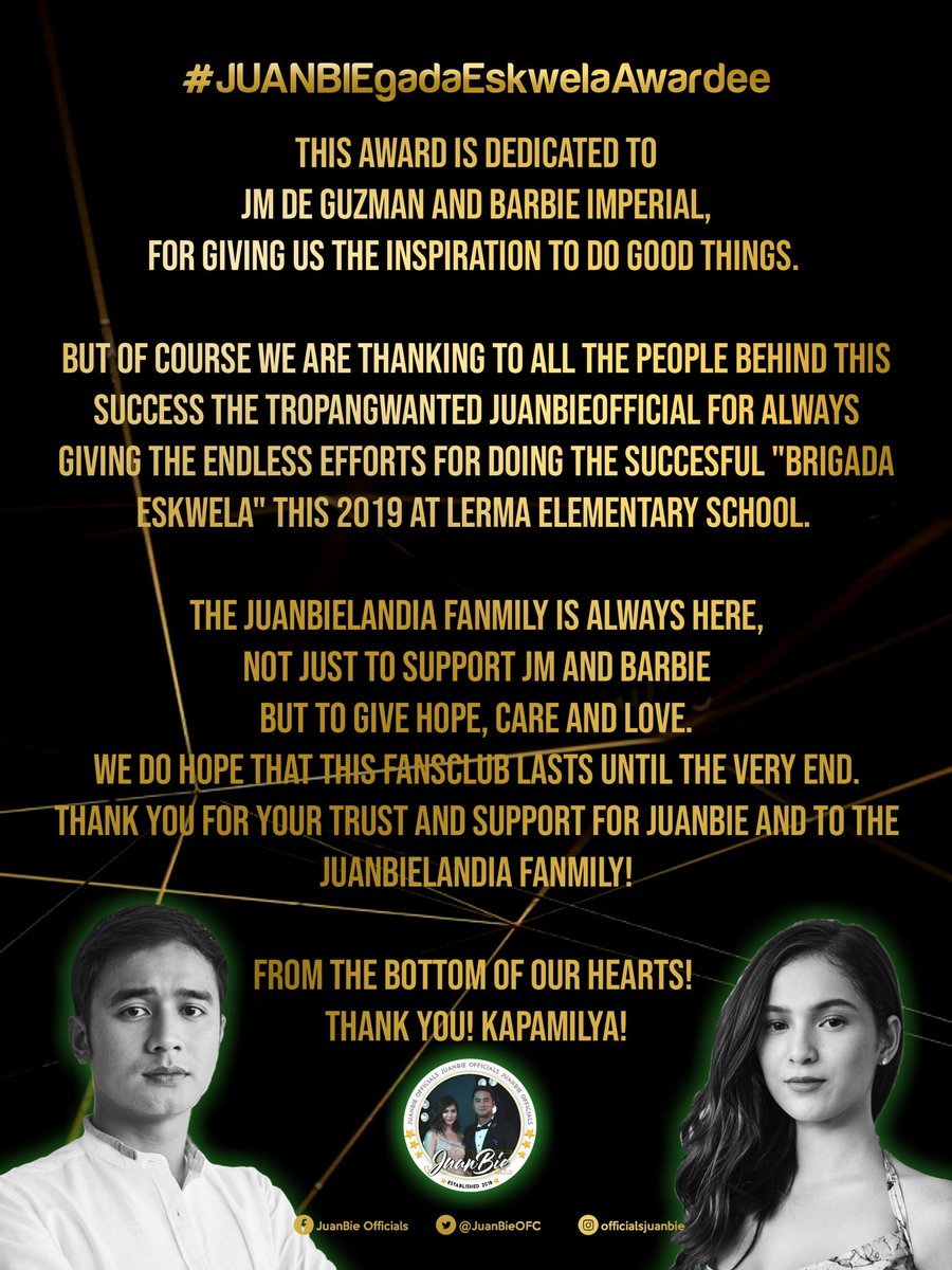 JuanBieOFC's tweet photo. Congratulations to the JuanBieLandia Fanmily! Hoping for more blessings to give more hope, care and love! We are truly blessed beyond! 💛

The first ever award of the JuanBieLandia!

#JUANBIEgadaEskwelaAwardee 
@barbieeimperial @1migueldeguzman https://t.co/hhj5ARHyXT