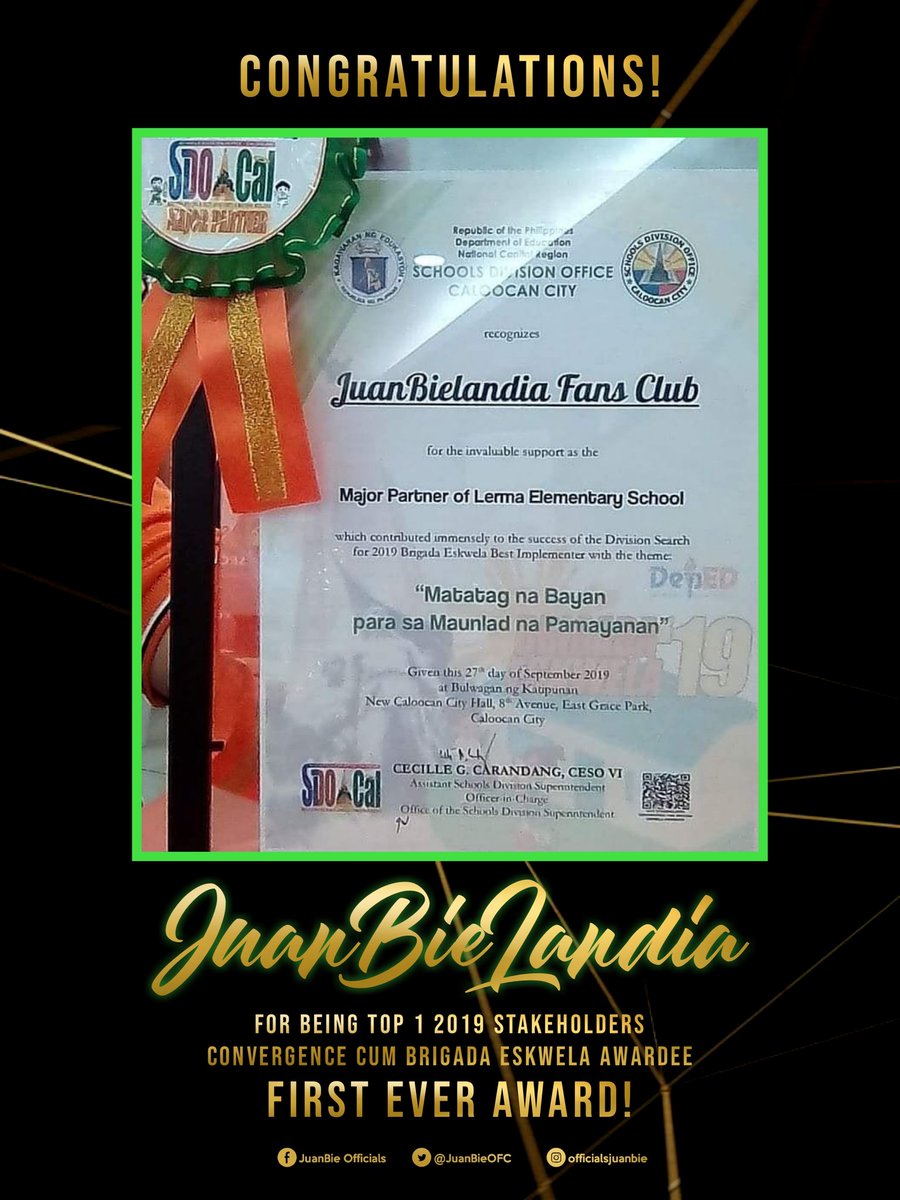 JuanBieOFC's tweet photo. Congratulations to the JuanBieLandia Fanmily! Hoping for more blessings to give more hope, care and love! We are truly blessed beyond! 💛

The first ever award of the JuanBieLandia!

#JUANBIEgadaEskwelaAwardee 
@barbieeimperial @1migueldeguzman https://t.co/hhj5ARHyXT
