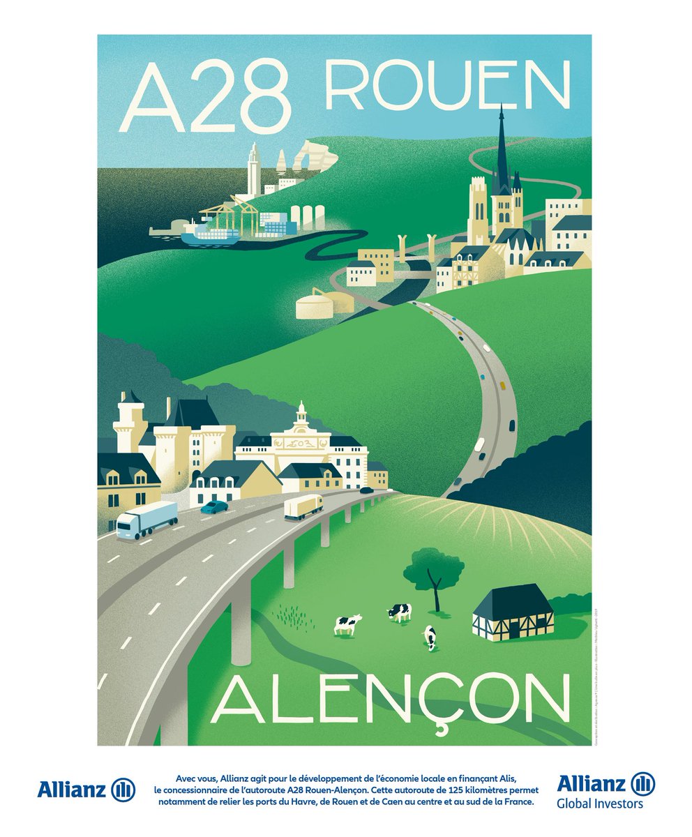 Avec vous, ⁦<a href="/allianzfrance/">Allianz France</a>⁩ agit pour le développement de l’économie locale en finançant Alis, concessionnaire de l’autoroute A28 Rouen-Alençon. 125km reliant les ports du Havre, Rouen et Caen au centre et au sud de la France. #économie_locale ⁦<a href="/AllianzGI_view/">AllianzGl</a>⁩