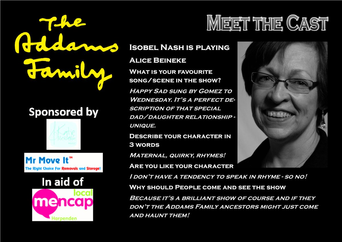 Today we meet Alice Beineke, played by another new member of HMTC, Isobel. 😃👻🖤🧟♂️
8-12th October 2019 at the @HarpendenHalls
@HarpendenMencap
https://t.co/LI9pXXX4O8
#hmtctheaddamsfamily #whenyouranaddams #meettheaddams #supportlocaltheatre #amateurtheatre https://t.co/lNBxAizDIO