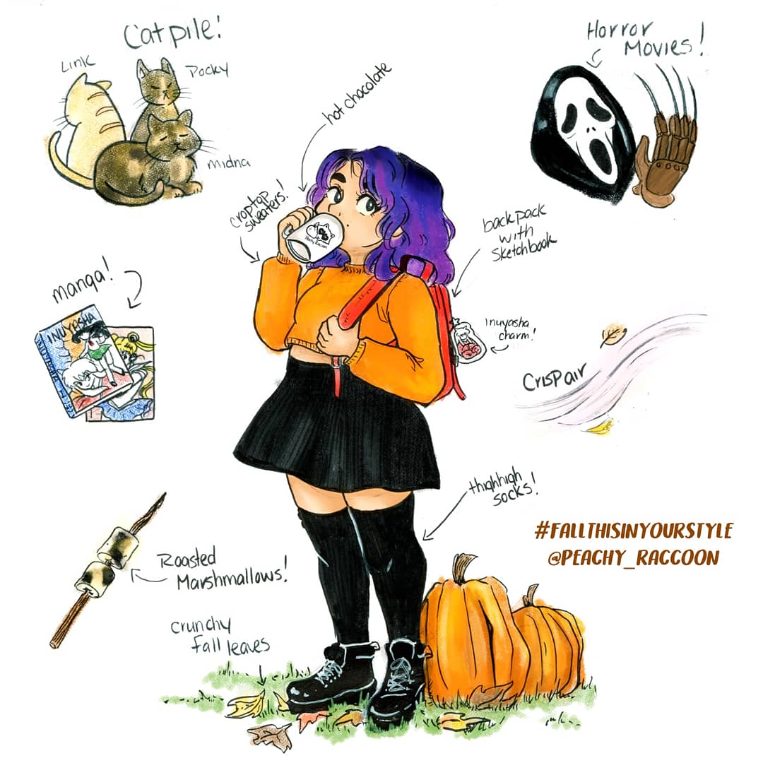 peachy_raccoon's tweet photo. Pumpkins, and manga, the crisp air of autumn.  Cats cuddling, crunchy leaves that've fallen. Hot chocolate, horror movies with screams, Fall has so much of my favorite things~ 🎃🧣🍂☕🍃#fallthisinyourstyle #stylechallenge #selfportrait #fall https://t.co/ofQuLRc6Sk