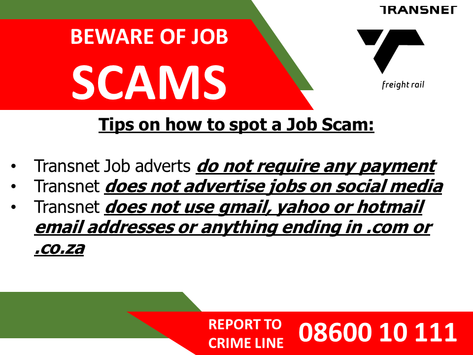 ReliableTFR's tweet photo. Please remain vigilant when applying for jobs. Jobs Scams are a harsh reality. Kindly report all incidents to the Crime-Line on 08600 10111 #JobSeekersSA #JobScams #TransnetFreightRail https://t.co/qj3R7c2CX2