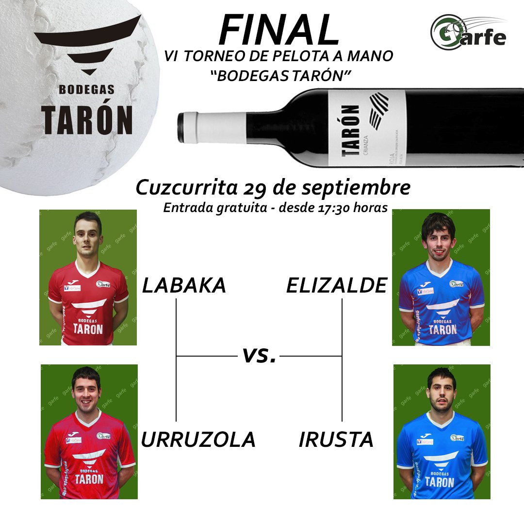 BodegasTaron's tweet photo. ⚾ Este domingo 29 llega la esperadísima Final del Torneo de Pelota de #BodegasTarón en Cuzcurrita entre Labaka y Urruzola frente a Elizalde y Irusta y que le proporcionara a la pareja ganadora su peso en vino #Tarón🍷. Con entrada gratis. 
#TerritorioTarón #VinosdeRiojaAlta https://t.co/oQTUAqpRHl
