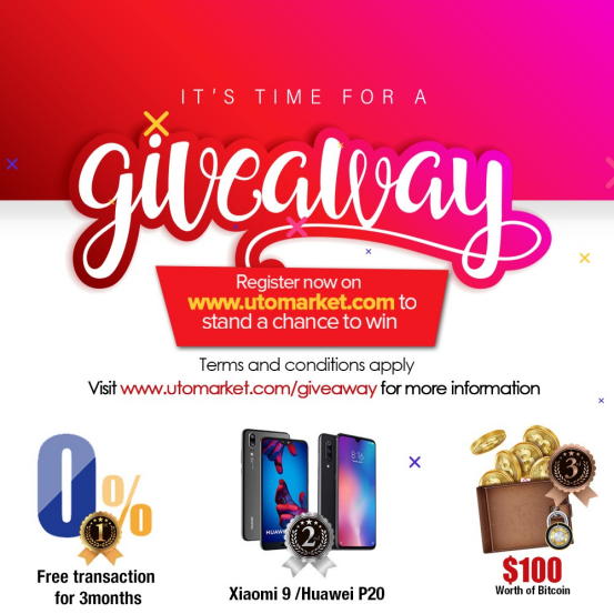Utomarket's tweet photo. Utomarket is giving away amazing prizes like never before! Hurry now and register on our website to be a lucky winner of a 3 months free transaction (1st prize), Huawei P20/Xiaomi 9 (2nd prize), or $100 worth of bitcoin! Register now to start winning! https://t.co/tFOi8v1DLh