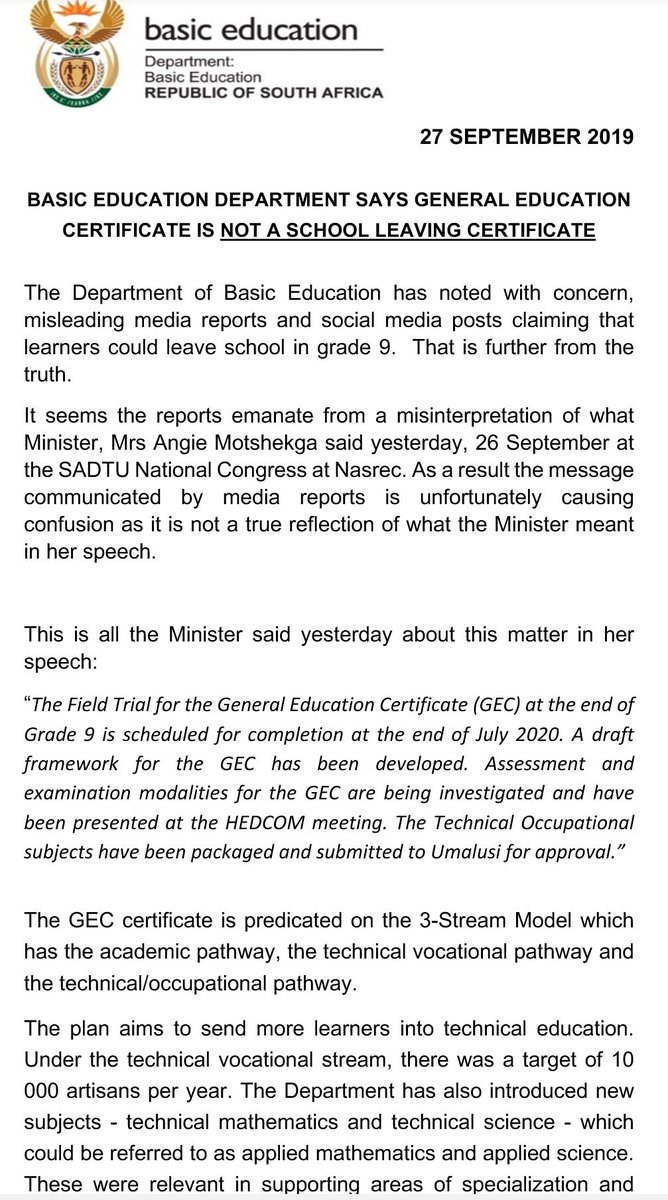 Thobeka_Rare's tweet image. The General Education Certificate is not a school exit certificate. Don't be misled by unsubstantiated media reports @DBE_SA @ElijahMhlanga @HubertMweli #grade9 #MinaInGrade9