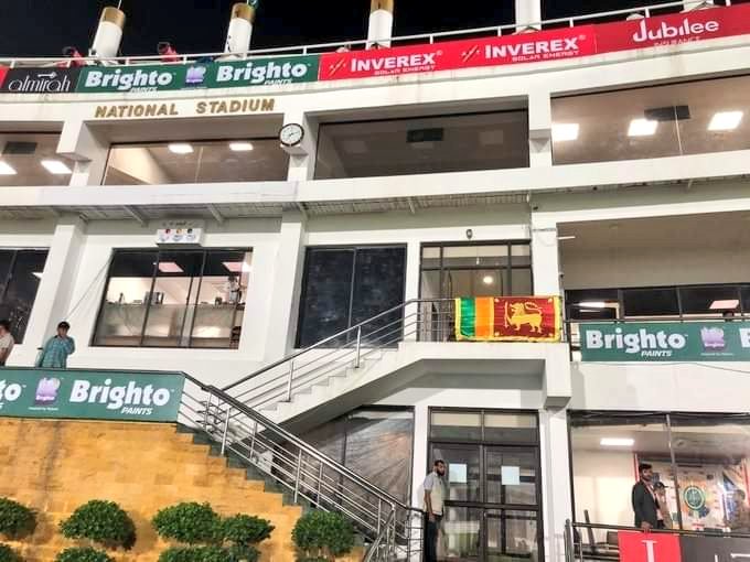 wasi__'s tweet photo. Sri Lanka flag hangs proudly outside the visiting team’s dressing room at the NSK 🇱🇰
#CricketComesHome #ThankyouSL 
#PAKvSL https://t.co/dZQWUJLnqv