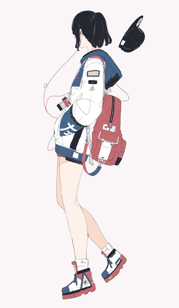 1girl solo backpack earphones black hair bag shoes  illustration images