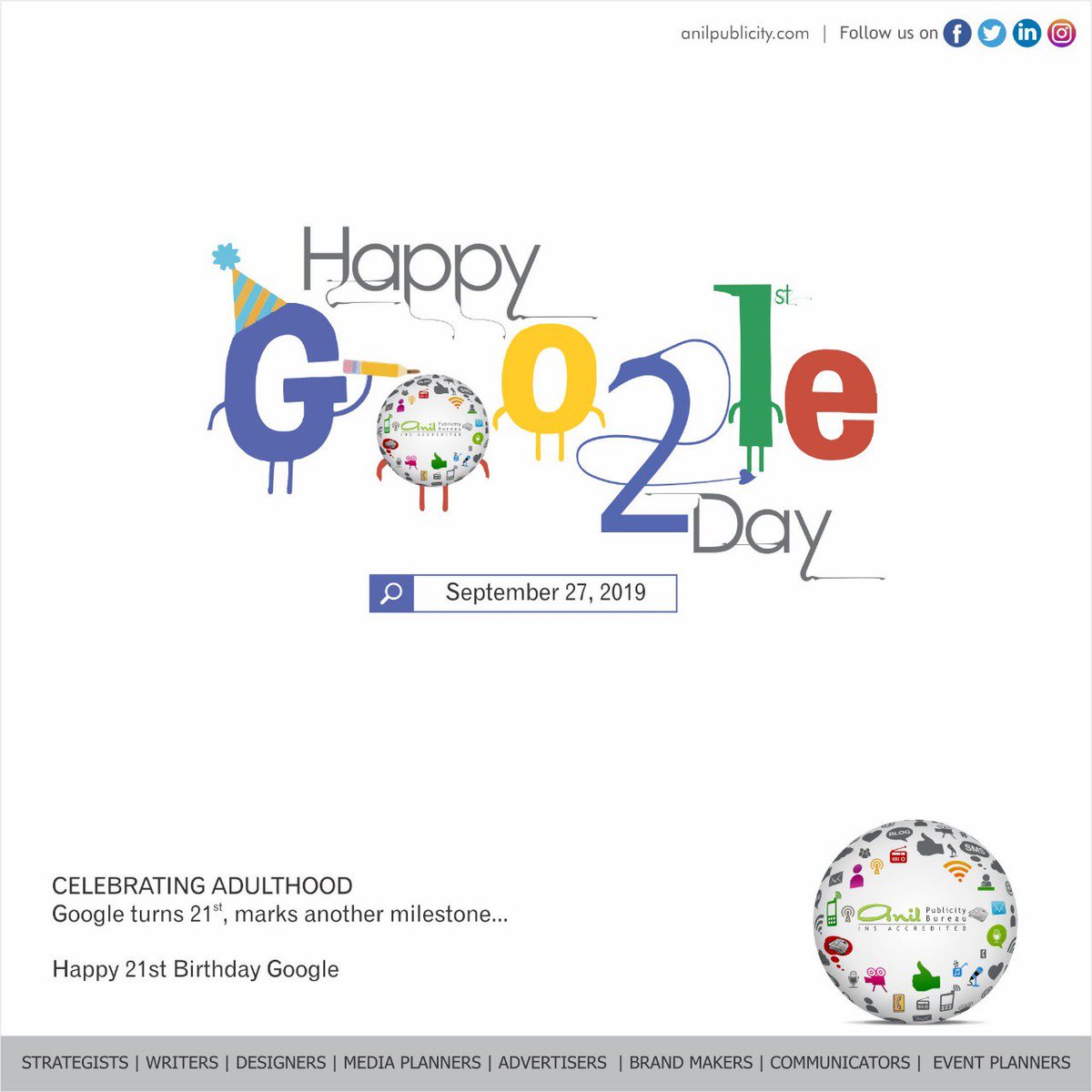 BureauAnil's tweet photo. Happy Google Day
Celebrating Adulthood
Google turns 21
marks another milestone...

Happy 21st Birthday Google
#googleday #searchengine #celebrating21birthday #anilpublicity #ooh #advertising #newspaperads #radioads #digitalmarketing #incinemasads https://t.co/yySRKzfsV5
