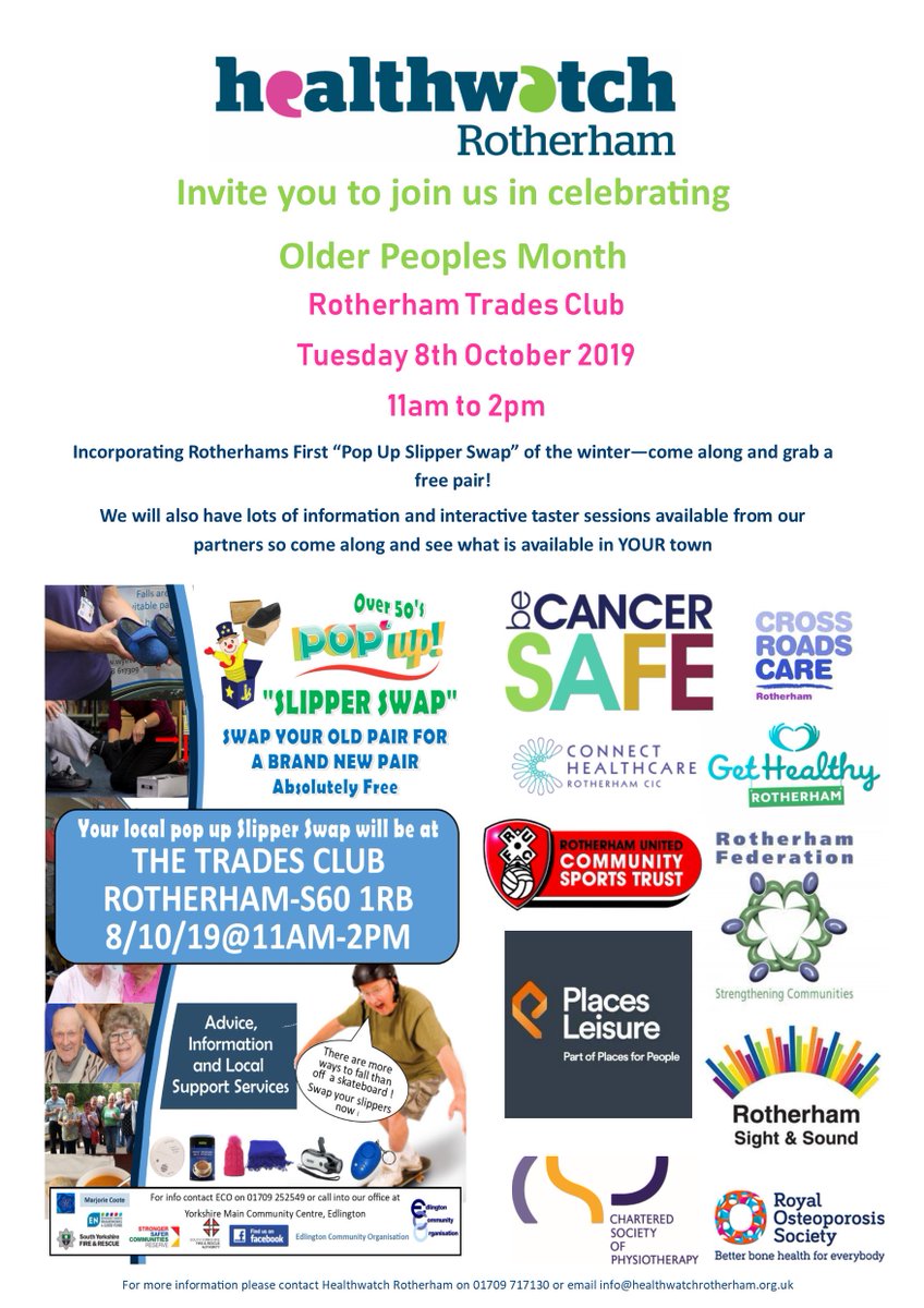 HealthwatchRotherham (@hwrotherham) on Twitter photo As we move into October, join us in celebrating Older Peoples Month, it would be great to see you there! <a href="/Stag_RosePPG/">Stag & Rose Court Patient Participation Group</a> <a href="/EngAgeRotherham/">EngAge Rotherham</a> <a href="/rotherhamtiser/">Rotherham Advertiser</a> <a href="/RMBCPress/">Rotherham Council</a> <a href="/_ropf/">Rotherham Older People's Forum</a> <a href="/RothLibraries/">Rotherham Libraries</a> #slipperswap #olderpeoplesmonth As we move into October, join us in celebrating Older Peoples Month, it would be great to see you there! <a href="/Stag_RosePPG/">Stag & Rose Court Patient Participation Group</a> <a href="/EngAgeRotherham/">EngAge Rotherham</a> <a href="/rotherhamtiser/">Rotherham Advertiser</a> <a href="/RMBCPress/">Rotherham Council</a> <a href="/_ropf/">Rotherham Older People's Forum</a> <a href="/RothLibraries/">Rotherham Libraries</a> #slipperswap #olderpeoplesmonth