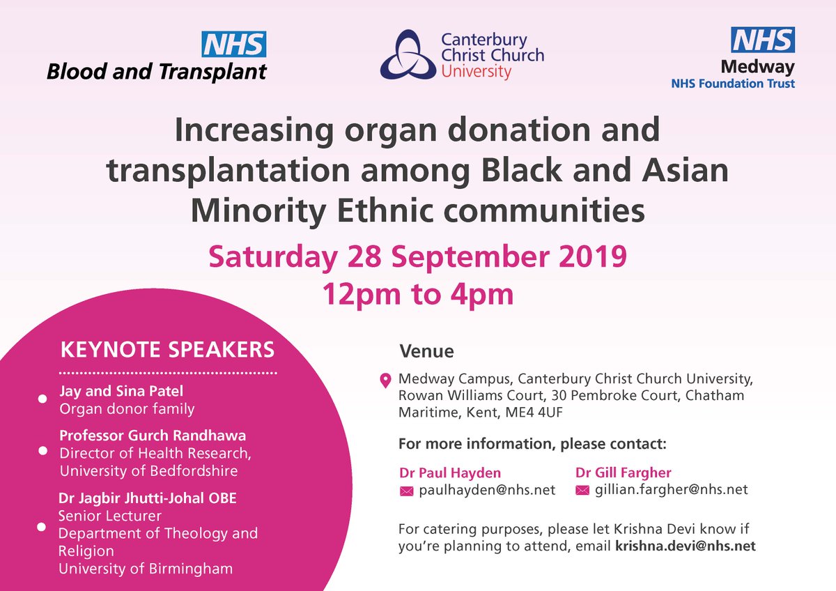 Don't forget this important event tomorrow to raise awareness of organ donation in the BAME communities. All are welcome. <a href="/NHSBT/">NHS Blood+Transplant</a> <a href="/CanterburyCCUni/">Canterbury Christ Church University</a> <a href="/medway_council/">Medway Council</a> @NHSMedwayCCG #OrganDonation