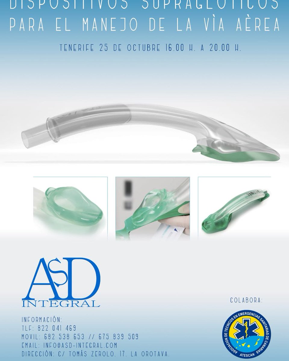 ASDIntegral's tweet image. Nuevo Curso-Taller Dispositivos Supraglóticos para el manejo de la vía aérea. El próximo 25 de Octubre de 16:0 h a 20:00 h. Plazas limitadas reserva ya la tuya.
☎️ 822 041 469.
📱 682 538 653 / 675 839 509.