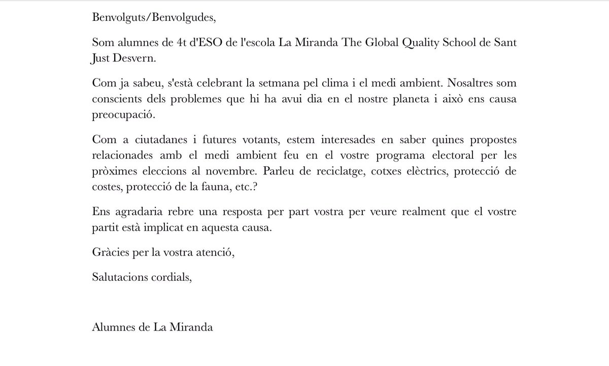 Llopeziborra's tweet photo. Avui, a #tutoria @LaMirandaSchool, hem decidit preguntar als polítics i polítiques què pensen fer pel nostre planeta. Es mullaran i ens respondran? #SetmanaDelClima #MediAmbient #ProgramesElectorals #Compromís @PSCSantJust @nartes13 @bertavidal7 @TresBus https://t.co/0yFnhJXkLX