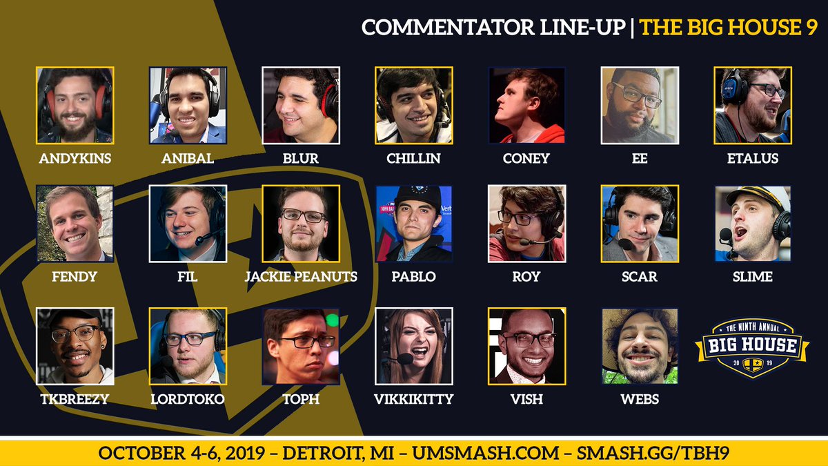 TheBigHouseSSB's tweet image. Introducing the commentators 🎙️

These talented people will be bringing you all the Melee, Ultimate, SSB64, &amp;amp; Rivals action at #TBH9! 

Stream: twitch.tv/btssmash/squad
Spectator registration:
smash.gg/TBH9