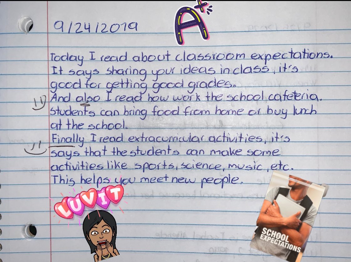 emilyfranESL's tweet photo. Teacher workdays are to catch up on grading assignments and be FASCINATED by our amazing newcomer #EL’s work. 

👀 Check out this written summary after reading the book “Classroom Expectations” from @SDLBACK . ⤵️🥰📚📖📝

FYI: Juan has been in the USA 7 days https://t.co/edjVca9MPE