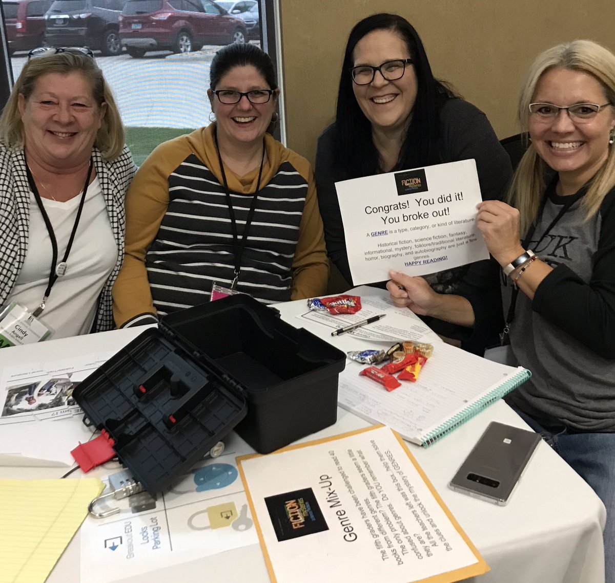 bytesofbooks's tweet photo. Librarians stretching their @breakoutEDU skills! Thanks for being such great sports! #ndlibs #NDLA2019 https://t.co/nrCnYzVPpZ