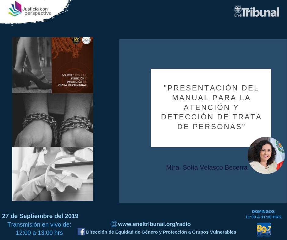 ¡Buen día!

Les recordamos nuestra cita el día de hoy, como cada viernes, en Justicia con Perspectiva, el tema será: "Presentación del Manual para la Atención y Detección de Trata de Personas", con la participación de <a href="/sofiavel/">Sofia Velasco Becerra</a> en vivo por Facebook a partir de las 12:00 hrs