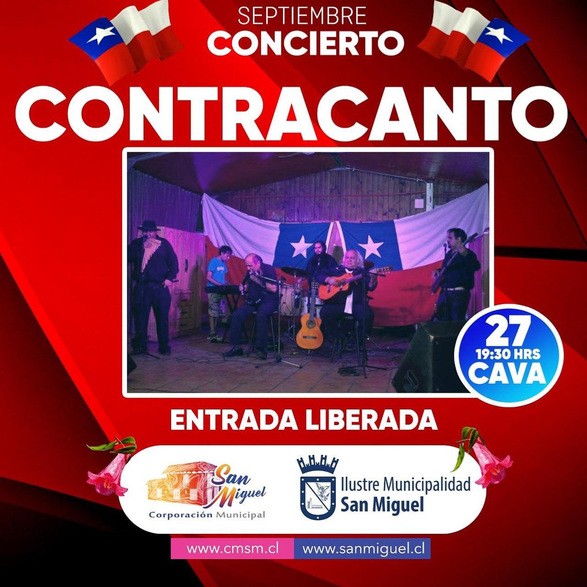 corposanmiguel's tweet photo. ↘️ HOY - CONCIERTO CONTRACANTO 🎼🎙️#PanoramaGratuito | En #SanMiguel damos inicio a la #Primavera🌸 con un gran concierto de música latinoamericana, a través de los acordes de la agrupación #Contracanto
Invita: Alcalde @AlcaldeSanhueza y @corposanmiguel
#SanMiguelEsCalidadDeVida https://t.co/u3bO8NjI2T