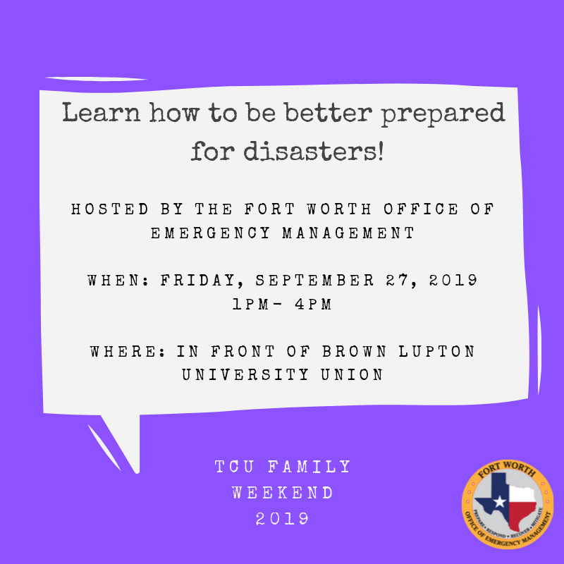FWOEM's tweet photo. Don't Forget! Join the OEM team at @TCU for #TCUFamilyWeekend TODAY from 1-4pm! We'll have a table set up (details β¬οΈ) & we will provide info on preparedness & #SeeSomethingSaySomething. Take a study break π & visit us for this important info! π
#FortWorth #HornedFrogs #TCU https://t.co/VUINIY7JRx