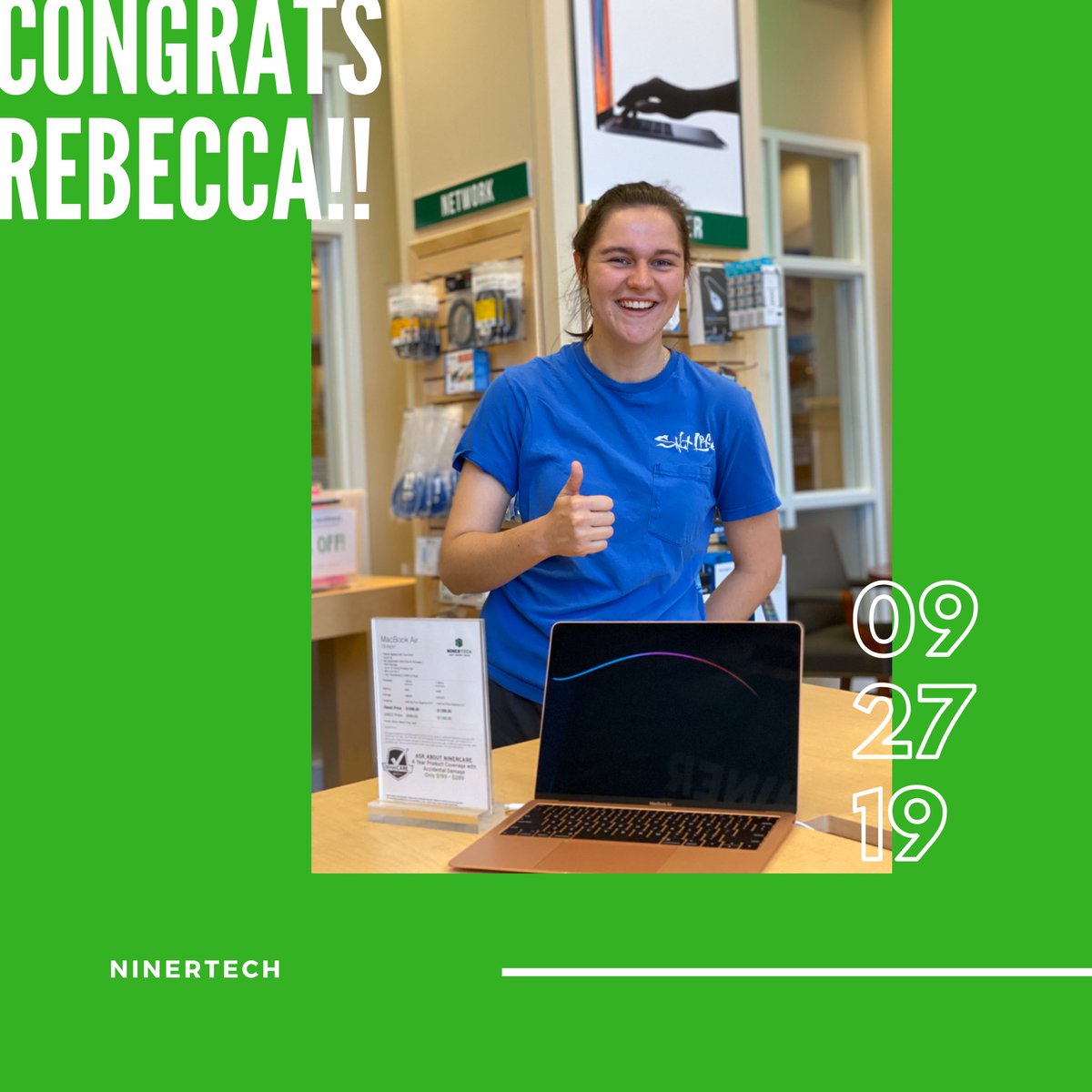 NinerTech's tweet image. Congratulations to Rebecca for winning our summer promotion and getting the laptop she purchased this summer FOR FREE!! Thank you to all the incoming freshman who made laptop purchases this summer and entered into the promotion!