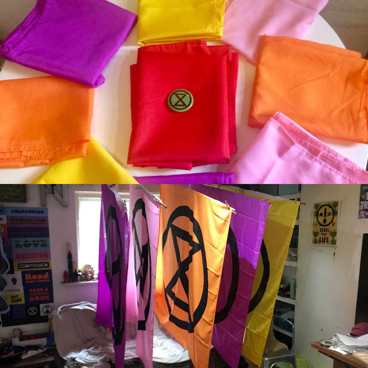 Busy preparing flags for cultural &amp; religious buildings who want to show their support for Extinction Rebellion in October. If you run a venue and would like a flag let me know.
rebellion.earth/act-now/join-u… <a href="/XRLondon/">Extinction Rebellion London 🌍</a> @JerwoodArts  <a href="/19pst/">19 Princelet Street</a>  <a href="/youngvictheatre/">Young Vic</a> <a href="/StEthelburgas/">St Ethelburga's Centre for Reconciliation & Peace</a>