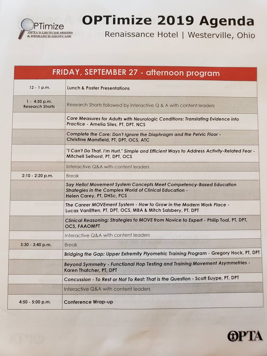 Ohio_PT's tweet image. Here&apos;s your #OPTimize2019 afternoon schedule! What presentation are you most excited for?