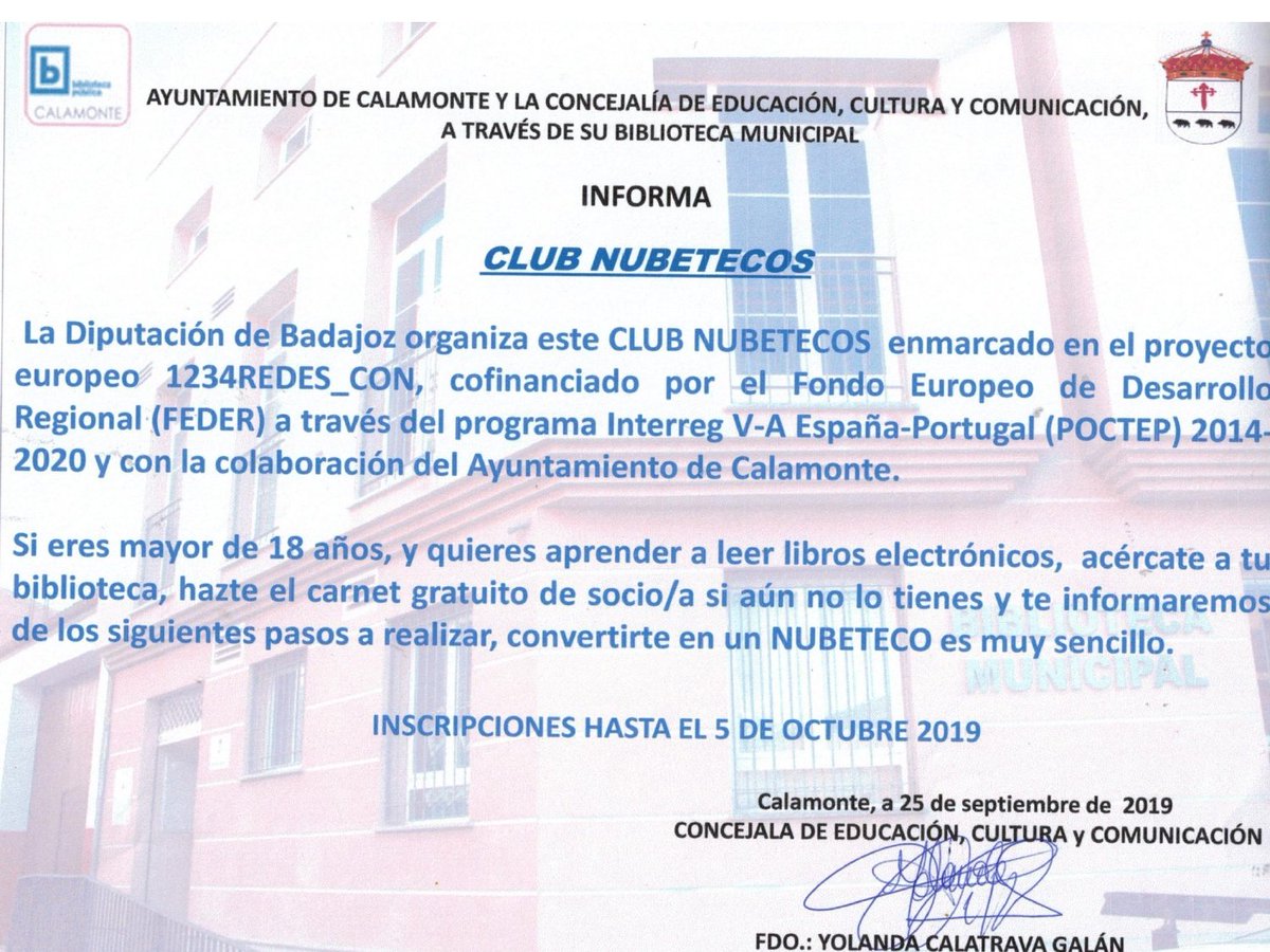 🗣 NOVEDADES !! #NUBETECA ☁️📢

¿QUIERES INSCRIBIRTE EN NUESTRO NUEVO #CLUBNUBETECOS 💭?

Pásate por la <a href="/BCalamonte/">BIBLIOTECA CALAMONTE</a> Biblioteca e infórmate 📱📃📌
<a href="/DipdeBadajoz/">Diputación de Badajoz</a> <a href="/1234_redes/">Proyecto 1234 Redes</a> <a href="/mcastellanoba/">Mercedes Castellano 🌍</a> <a href="/Corrisali/">Florencia Corrionero</a> <a href="/poctep/">Interreg España-Portugal</a> #Interreg #Poctep #DipBdjz #1234Redes