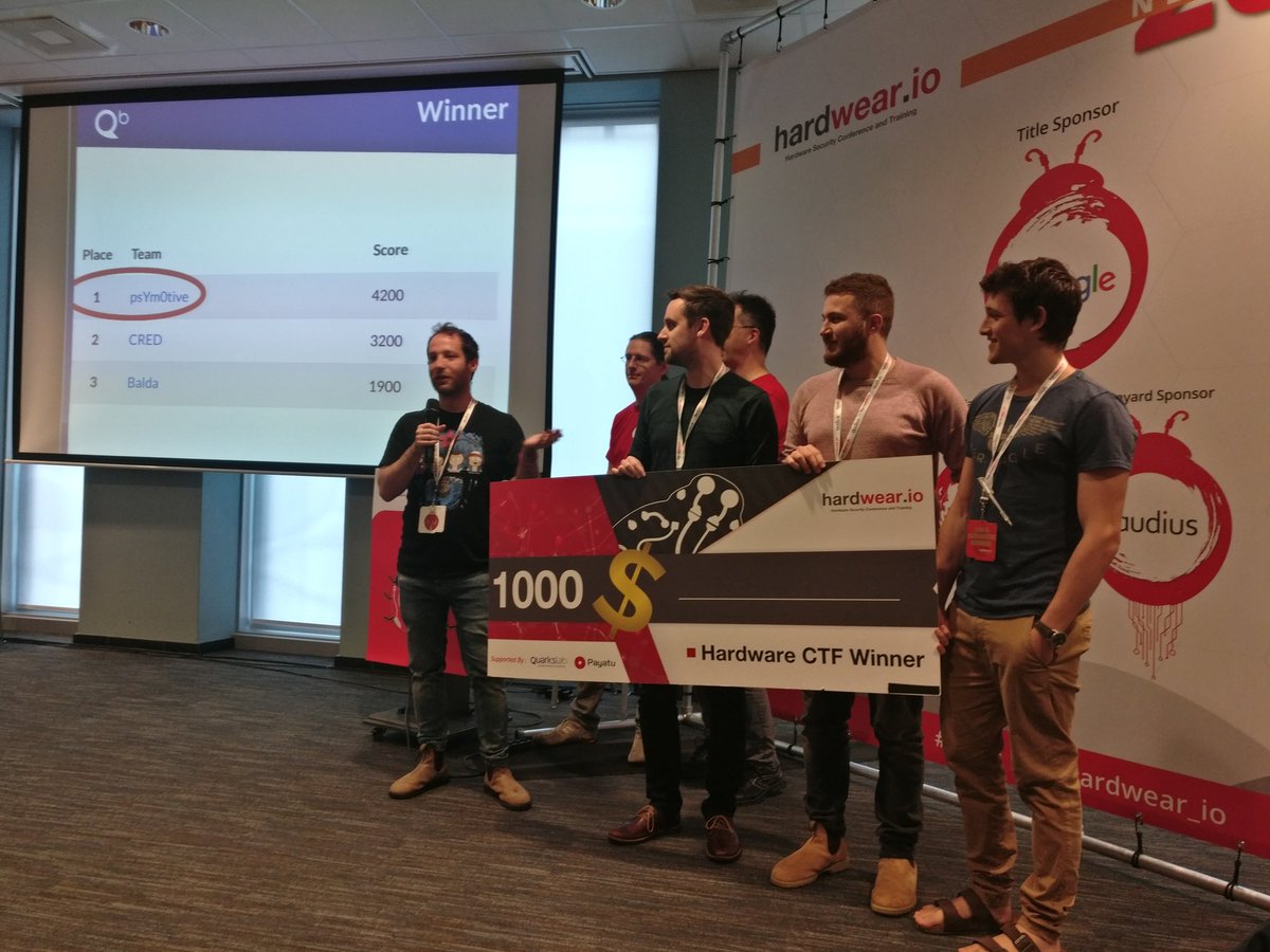 hardwear_io's tweet photo. The winners of https://t.co/PVi7u42saj CTF! 
Congratulations, team @CYMOTIVEtech.

#hw_io #hardwear_io 
cc: @gkelly, @MichelHeily https://t.co/7jYvfv53yj